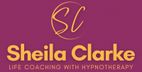 Logo for Sheila Clarke Life Coaching with Hypnotherapy. The design features the initials 'SC' in a stylised script inside a circular outline above the name 'Sheila Clarke' in bold yellow text. Below, a tagline reads 'Life Coaching with Hypnotherapy' in smaller uppercase letters. The background is a rich maroon colour.